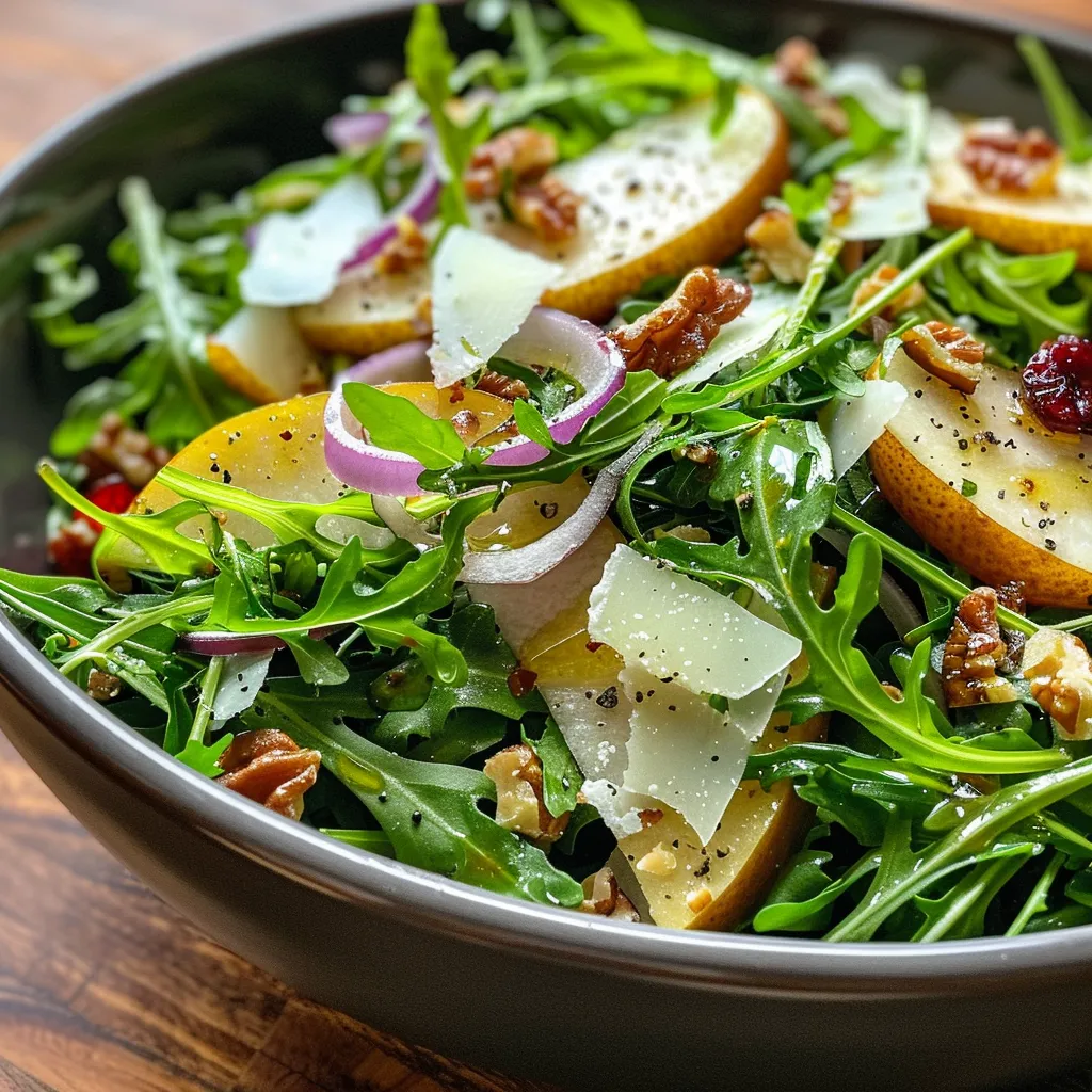 ['Close-up view of a fresh Arugula Pear Salad with sliced pears and cranberries.', 'Side perspective of an Arugula Pear Salad featuring vibrant greens and creamy parmesan.', 'Detailed shot of a delicious Arugula Pear Salad showcasing its colorful ingredients.', 'Close-up image of an Arugula Pear Salad, highlighting the texture of arugula and pear slices.']