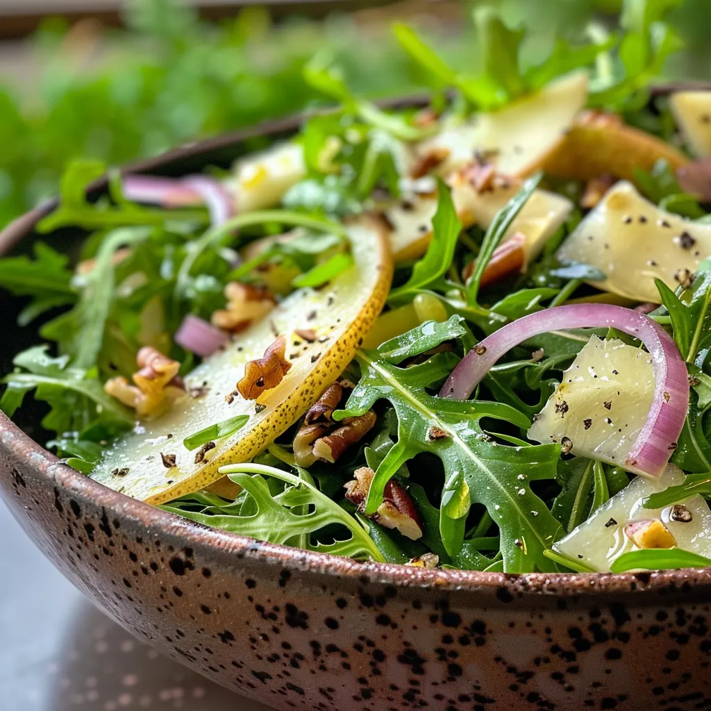 ['Close-up view of a fresh Arugula Pear Salad with sliced pears and cranberries.', 'Side perspective of an Arugula Pear Salad featuring vibrant greens and creamy parmesan.', 'Detailed shot of a delicious Arugula Pear Salad showcasing its colorful ingredients.', 'Close-up image of an Arugula Pear Salad, highlighting the texture of arugula and pear slices.']