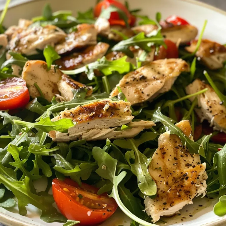 ['A close-up view of a vibrant Arugula Chicken Salad featuring fresh greens and grilled chicken.', 'Side view of a colorful Arugula Chicken Salad with ingredients like tomatoes and a tangy vinaigrette.', 'Juicy Arugula Chicken Salad displayed with a mix of leafy greens and sliced chicken on a plate.', 'Fresh Arugula Chicken Salad showcasing a mix of colors and textures with a drizzle of dressing.']