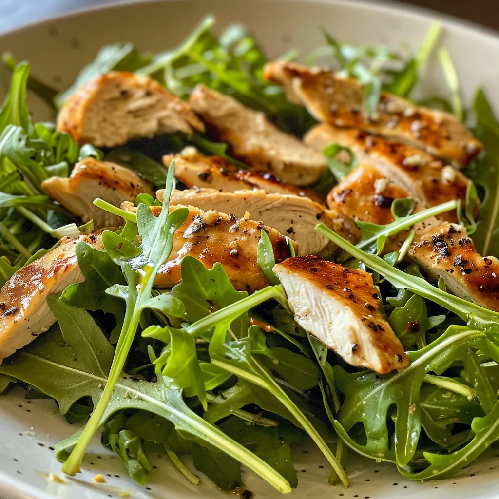 ['A close-up view of a vibrant Arugula Chicken Salad featuring fresh greens and grilled chicken.', 'Side view of a colorful Arugula Chicken Salad with ingredients like tomatoes and a tangy vinaigrette.', 'Juicy Arugula Chicken Salad displayed with a mix of leafy greens and sliced chicken on a plate.', 'Fresh Arugula Chicken Salad showcasing a mix of colors and textures with a drizzle of dressing.']