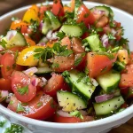 ["Close-up view of a colorful Turkish Shepherd's Tomato Cucumber Salad featuring diced tomatoes, cucumbers, onion, and peppers.", 'Vibrant salad made with Roma tomatoes, Persian cucumbers, and bell peppers presented in a side view.', 'Fresh and juicy Turkish salad showcasing diced vegetables and garnished with parsley.', 'Detailed image of a mixed vegetable salad with bright colors, highlighting ingredients like tomatoes and cucumbers.']