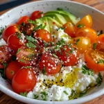 ['Close-up view of a bowl filled with cottage cheese and cherry tomatoes.', 'Side angle shot of a nutritious cottage cheese and tomato dish with herbs.', 'Colorful bowl featuring creamy cottage cheese topped with vibrant cherry tomatoes.', 'Appetizing cottage cheese and tomato bowl garnished with fresh herbs.']