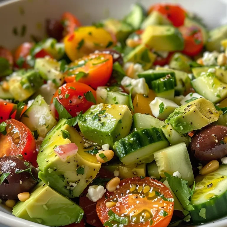 ['Close-up of a vibrant Mediterranean avocado salad, showcasing ripe avocados, cherry tomatoes, and cucumber.', 'Side view of a colorful salad, featuring creamy avocados, feta cheese, and Kalamata olives on a plate.', 'Fresh Mediterranean salad filled with diced avocados, red onion, and greens, garnished with parsley and pine nuts.', 'Detailed shot of a zesty avocado salad bursting with colors from tomatoes, cucumbers, and olives in a bowl.']