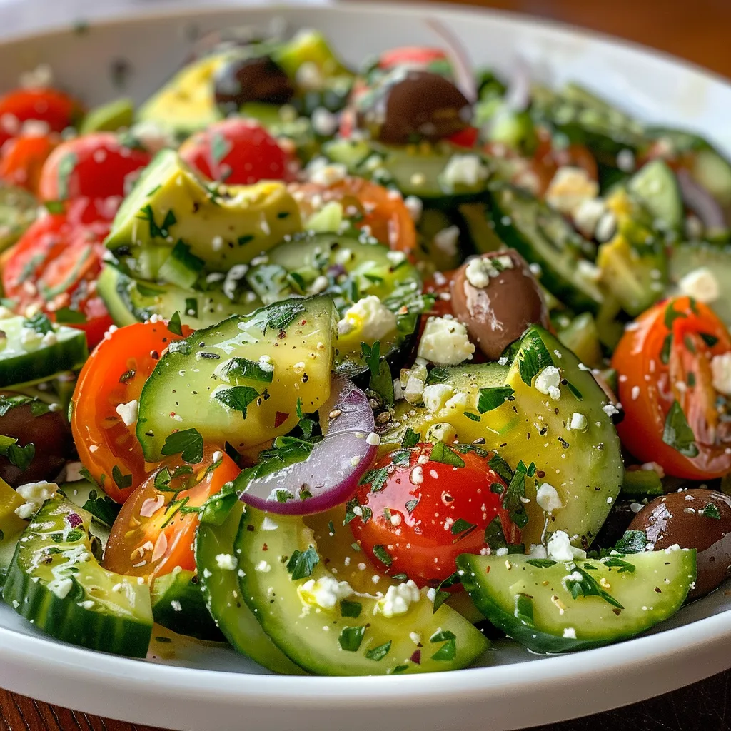['Close-up of a vibrant Mediterranean avocado salad, showcasing ripe avocados, cherry tomatoes, and cucumber.', 'Side view of a colorful salad, featuring creamy avocados, feta cheese, and Kalamata olives on a plate.', 'Fresh Mediterranean salad filled with diced avocados, red onion, and greens, garnished with parsley and pine nuts.', 'Detailed shot of a zesty avocado salad bursting with colors from tomatoes, cucumbers, and olives in a bowl.']