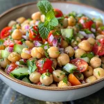 ['Close-up of a vibrant Lemony Chickpea Salad with cherry tomatoes and cucumbers.', 'Juicy Lemony Chickpea Salad featuring chickpeas, red onion, and fresh herbs.', 'Colorful bowl of Lemony Chickpea Salad with lemon zest and olive oil drizzled.', 'Side view of a fresh Lemony Chickpea Salad with bright green parsley and mint.']