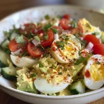 ['A close-up view of Mediterranean Egg Salad in a bowl, garnished with fresh herbs and vegetables.', 'Juicy Mediterranean Egg Salad featuring chopped eggs, tomatoes, cucumbers, and herbs in a side view.', 'A vibrant dish of Mediterranean Egg Salad with a colorful mix of ingredients, served in a bowl.', 'Freshly made Mediterranean Egg Salad displayed with bright colors of vegetables and herbs.']