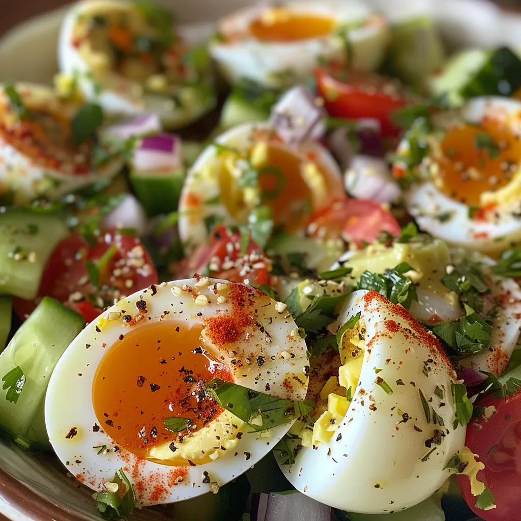 ['A close-up view of Mediterranean Egg Salad in a bowl, garnished with fresh herbs and vegetables.', 'Juicy Mediterranean Egg Salad featuring chopped eggs, tomatoes, cucumbers, and herbs in a side view.', 'A vibrant dish of Mediterranean Egg Salad with a colorful mix of ingredients, served in a bowl.', 'Freshly made Mediterranean Egg Salad displayed with bright colors of vegetables and herbs.']