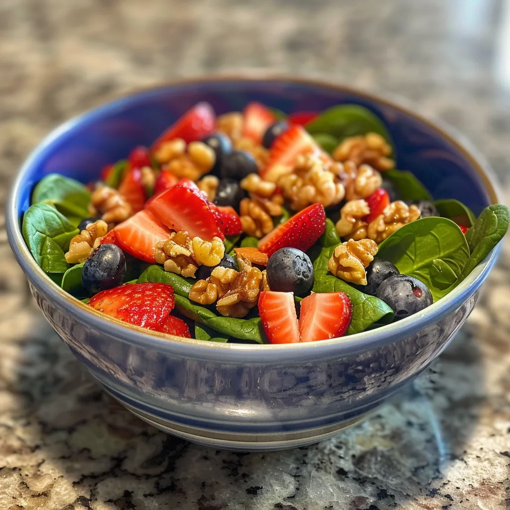 ['Close-up view of a vibrant Strawberry Spinach Salad with mango dressing.', 'Side perspective of a fresh salad featuring spinach, strawberries, and avocado.', 'Juicy Strawberry Spinach Salad with diced avocado and mango dressing, captured in detail.', 'Colorful salad with baby spinach, strawberries, arugula, and mango dressing, showcasing fresh ingredients.']