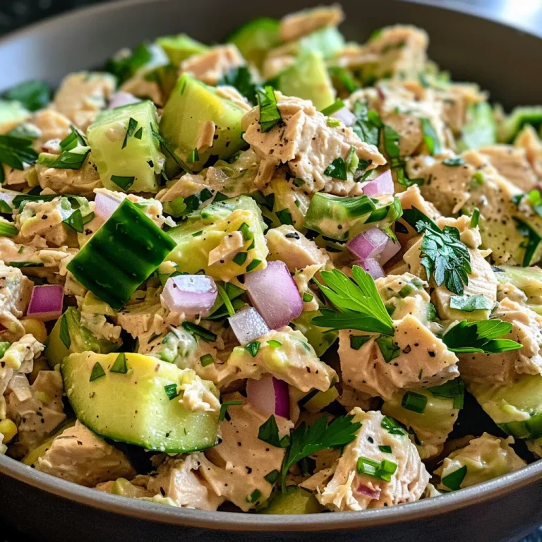 ['A close-up view of creamy avocado tuna salad featuring chunks of tuna, diced vegetables, and a vibrant green avocado mixture.', 'A side view of a bowl filled with creamy avocado tuna salad, showcasing the fresh ingredients like celery, cucumber, and parsley.', 'A detailed image of creamy avocado tuna salad with visible textures from diced red onion and creamy avocados, all on a wooden table.', 'A colorful close-up of tuna salad made with creamy avocado, fresh herbs, and crisp vegetables, emphasizing a fresh and healthy look.']