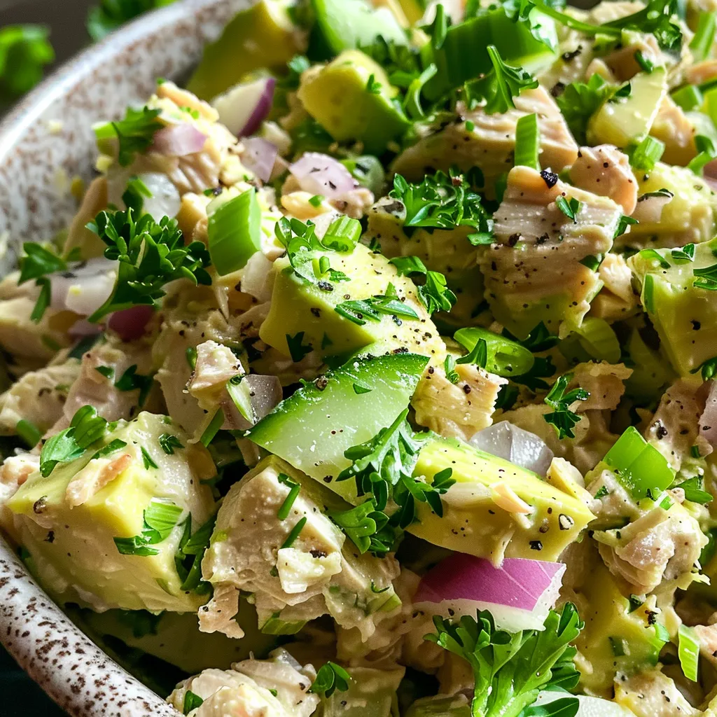 ['A close-up view of creamy avocado tuna salad featuring chunks of tuna, diced vegetables, and a vibrant green avocado mixture.', 'A side view of a bowl filled with creamy avocado tuna salad, showcasing the fresh ingredients like celery, cucumber, and parsley.', 'A detailed image of creamy avocado tuna salad with visible textures from diced red onion and creamy avocados, all on a wooden table.', 'A colorful close-up of tuna salad made with creamy avocado, fresh herbs, and crisp vegetables, emphasizing a fresh and healthy look.']
