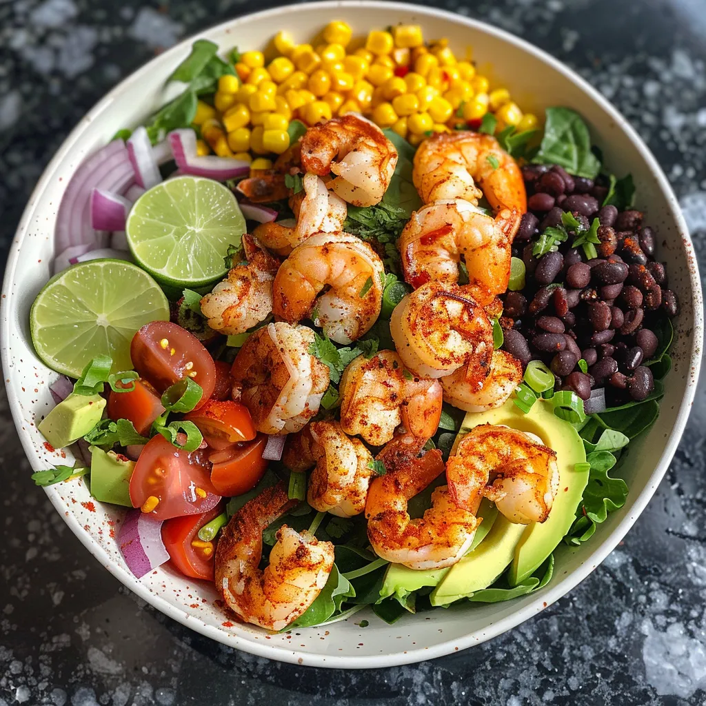 ['A vibrant shrimp taco salad with fresh greens, shrimp, and colorful vegetables.', 'Close-up view of a shrimp taco salad showcasing shrimp, avocado, and mixed vegetables.', 'Juicy shrimp taco salad filled with greens, black beans, and a variety of toppings.', 'A side view of a shrimp taco salad featuring shrimp, corn, and cheese on a bed of lettuce.']