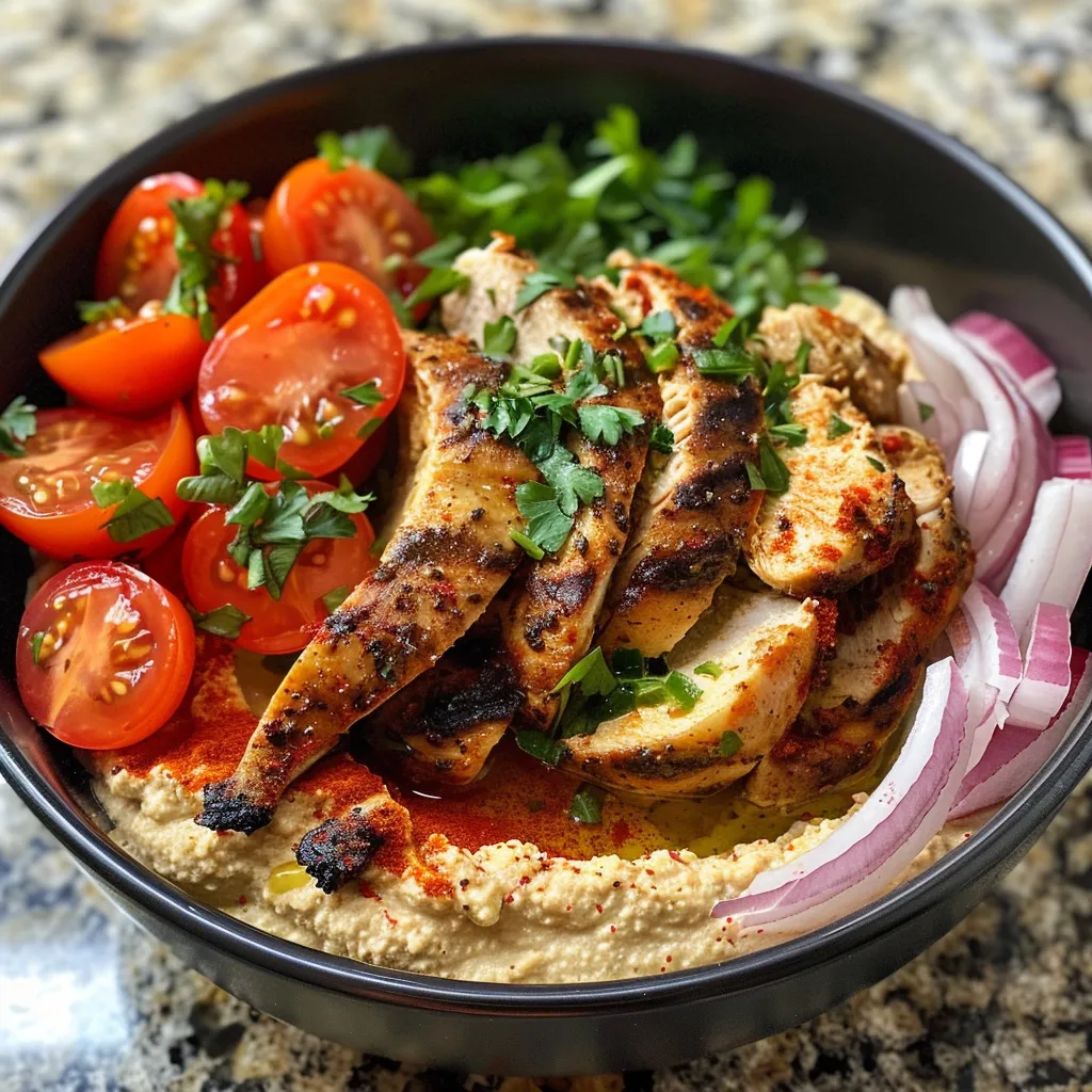 ['Close-up view of a Chicken Hummus Bowl with vibrant ingredients.', 'Side angle of Chicken Hummus Bowl showcasing juicy chicken and colorful toppings.', 'Detailed shot of a Chicken Hummus Bowl filled with hummus, chicken, and fresh vegetables.', 'Delicious Chicken Hummus Bowl featuring tender chicken and cherry tomatoes.']