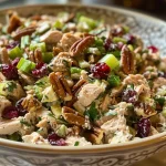 ['Close-up view of a colorful turkey salad with a variety of ingredients.', 'Juicy Ultimate Turkey Salad featuring turkey meat, cranberries, and pecans.', 'Delicious turkey salad arranged in a bowl, highlighting fresh ingredients.', 'Side view of a vibrant turkey salad showcasing its textures and colors.']