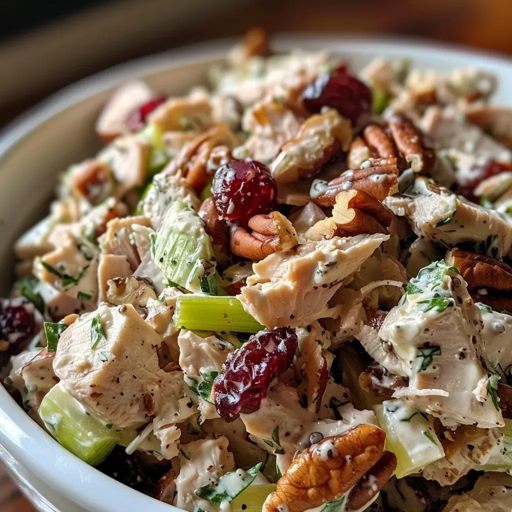['Close-up view of a colorful turkey salad with a variety of ingredients.', 'Juicy Ultimate Turkey Salad featuring turkey meat, cranberries, and pecans.', 'Delicious turkey salad arranged in a bowl, highlighting fresh ingredients.', 'Side view of a vibrant turkey salad showcasing its textures and colors.']