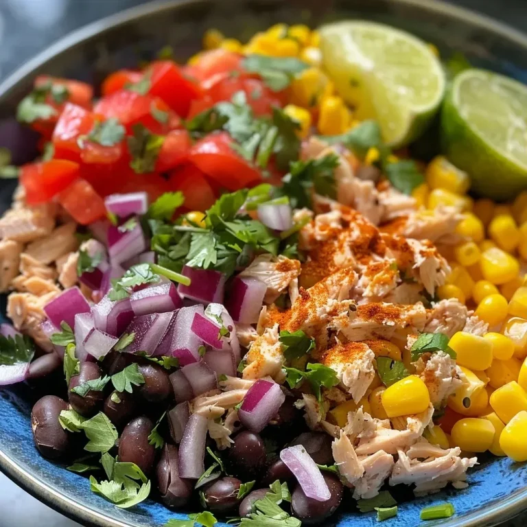 ['Close-up view of a vibrant Zesty Mexican Tuna Salad in a bowl, showcasing colorful ingredients.', 'Side view of a refreshing Mexican Tuna Salad packed with vegetables and tuna, served in a dish.', 'A detailed close-up of a zesty salad with tuna, corn, and beans, highlighting the fresh ingredients.', 'Gourmet presentation of Mexican Tuna Salad, featuring a mix of bright colors and textures.']