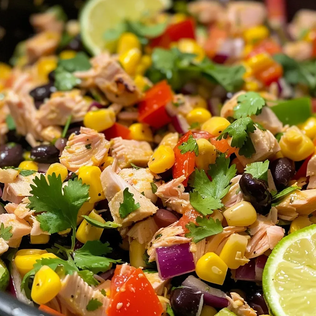 ['Close-up view of a vibrant Zesty Mexican Tuna Salad in a bowl, showcasing colorful ingredients.', 'Side view of a refreshing Mexican Tuna Salad packed with vegetables and tuna, served in a dish.', 'A detailed close-up of a zesty salad with tuna, corn, and beans, highlighting the fresh ingredients.', 'Gourmet presentation of Mexican Tuna Salad, featuring a mix of bright colors and textures.']
