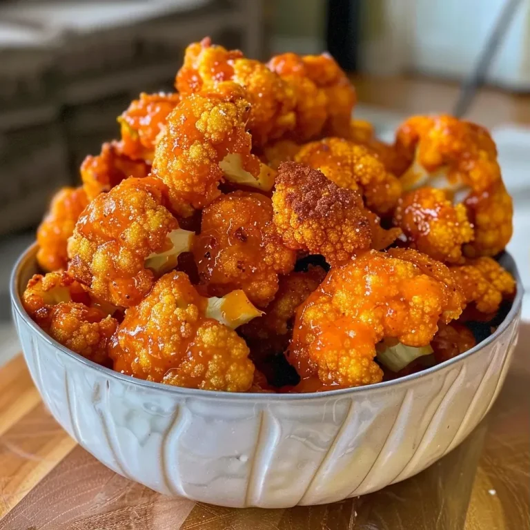 ['Close-up view of crispy Air Fryer Buffalo Cauliflower florets with a glossy buffalo sauce coating.', 'Side angle shot of golden-brown Air Fryer Buffalo Cauliflower, highlighting its texture and sauce.', 'Juicy florets of Air Fryer Buffalo Cauliflower drizzled with spicy sauce, captured in vibrant detail.', 'Appetizing side view of Air Fryer Buffalo Cauliflower, showcasing its flavorful coating and golden color.']