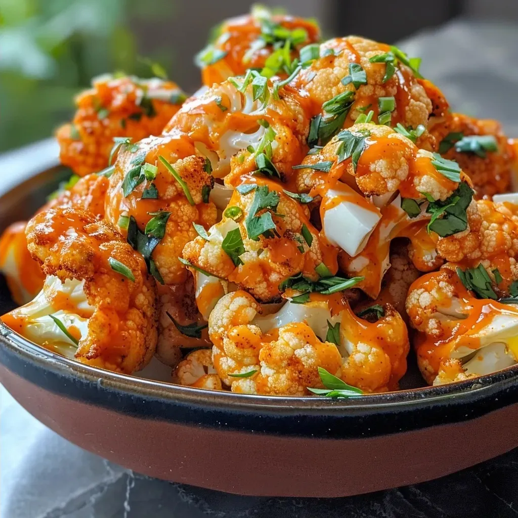 ['Close-up view of crispy Air Fryer Buffalo Cauliflower florets with a glossy buffalo sauce coating.', 'Side angle shot of golden-brown Air Fryer Buffalo Cauliflower, highlighting its texture and sauce.', 'Juicy florets of Air Fryer Buffalo Cauliflower drizzled with spicy sauce, captured in vibrant detail.', 'Appetizing side view of Air Fryer Buffalo Cauliflower, showcasing its flavorful coating and golden color.']