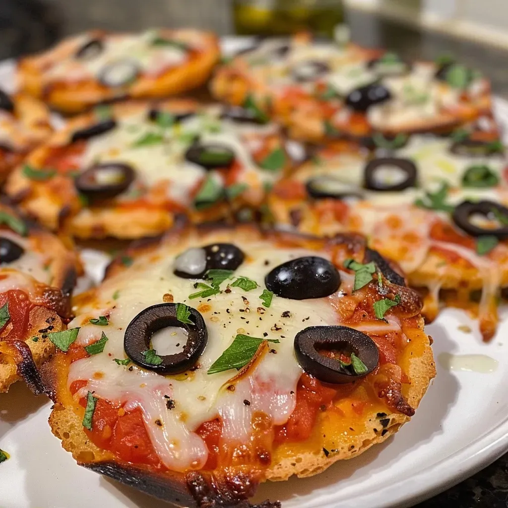 ['Close-up side view of Air Fryer Mummy Pizzas with melted cheese and olives.', 'Juicy Air Fryer Mummy Pizzas featuring string cheese and diced olives.', 'A plate of Air Fryer Mummy Pizzas, showcasing the crispy edges and toppings.', 'Delicious Air Fryer Mummy Pizzas arranged neatly, highlighting the tomato sauce and cheese.']