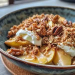['Close-up view of a golden-brown apple and pecan crumble topped with ice cream.', 'Side view of a delicious apple and pecan beauty crumble with a crunchy topping.', 'Juicy apple and pecan crumble served in a bowl, garnished with a scoop of ice cream.', 'Tasty apple and pecan crumble, showcasing its textures and colors in a close-up shot.']