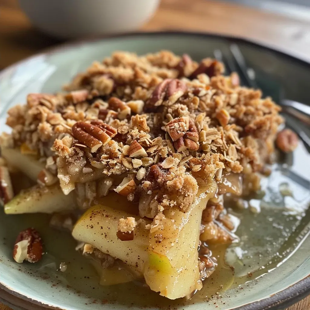['Close-up view of a golden-brown apple and pecan crumble topped with ice cream.', 'Side view of a delicious apple and pecan beauty crumble with a crunchy topping.', 'Juicy apple and pecan crumble served in a bowl, garnished with a scoop of ice cream.', 'Tasty apple and pecan crumble, showcasing its textures and colors in a close-up shot.']