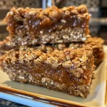['Close-up view of baked apple butter oatmeal bars with a golden brown crust.', 'Side view of freshly baked apple butter oatmeal bars, showcasing oats and nuts.', 'Juicy apple butter oatmeal bars displayed on a wooden surface, highlighting texture.', 'Detailed look at apple butter oatmeal bars, emphasizing the rich, golden topping.']