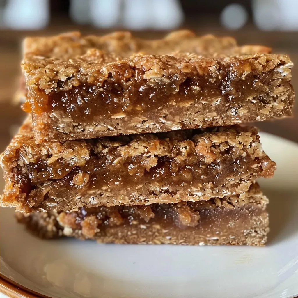 ['Close-up view of baked apple butter oatmeal bars with a golden brown crust.', 'Side view of freshly baked apple butter oatmeal bars, showcasing oats and nuts.', 'Juicy apple butter oatmeal bars displayed on a wooden surface, highlighting texture.', 'Detailed look at apple butter oatmeal bars, emphasizing the rich, golden topping.']