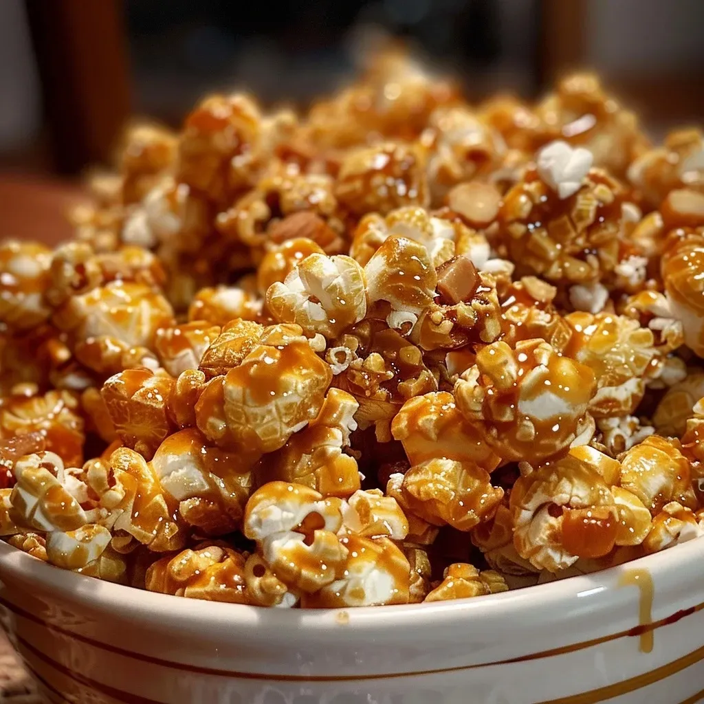 ['Close-up view of caramel-coated popcorn sprinkled with cinnamon and nuts.', 'Side view of delectable apple cider caramel popcorn in a bowl, glistening with caramel.', 'Juicy popcorn coated in golden caramel, with hints of apple cider and a sprinkle of cinnamon.', 'Appetizing caramel popcorn with a rich apple cider flavor, featuring a smooth texture and nut garnish.']
