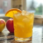 ['A close-up side view of a fizzy mocktail with apple slices and ice.', 'Refreshing Apple Cider Fizz Mocktail in a glass, garnished with orange and lemon.', 'Side view of a mocktail with bubbles, ice, and a slice of apple on the rim.', 'Detailed view of a sparkling drink with ice, fruit slices, and a vibrant color.']