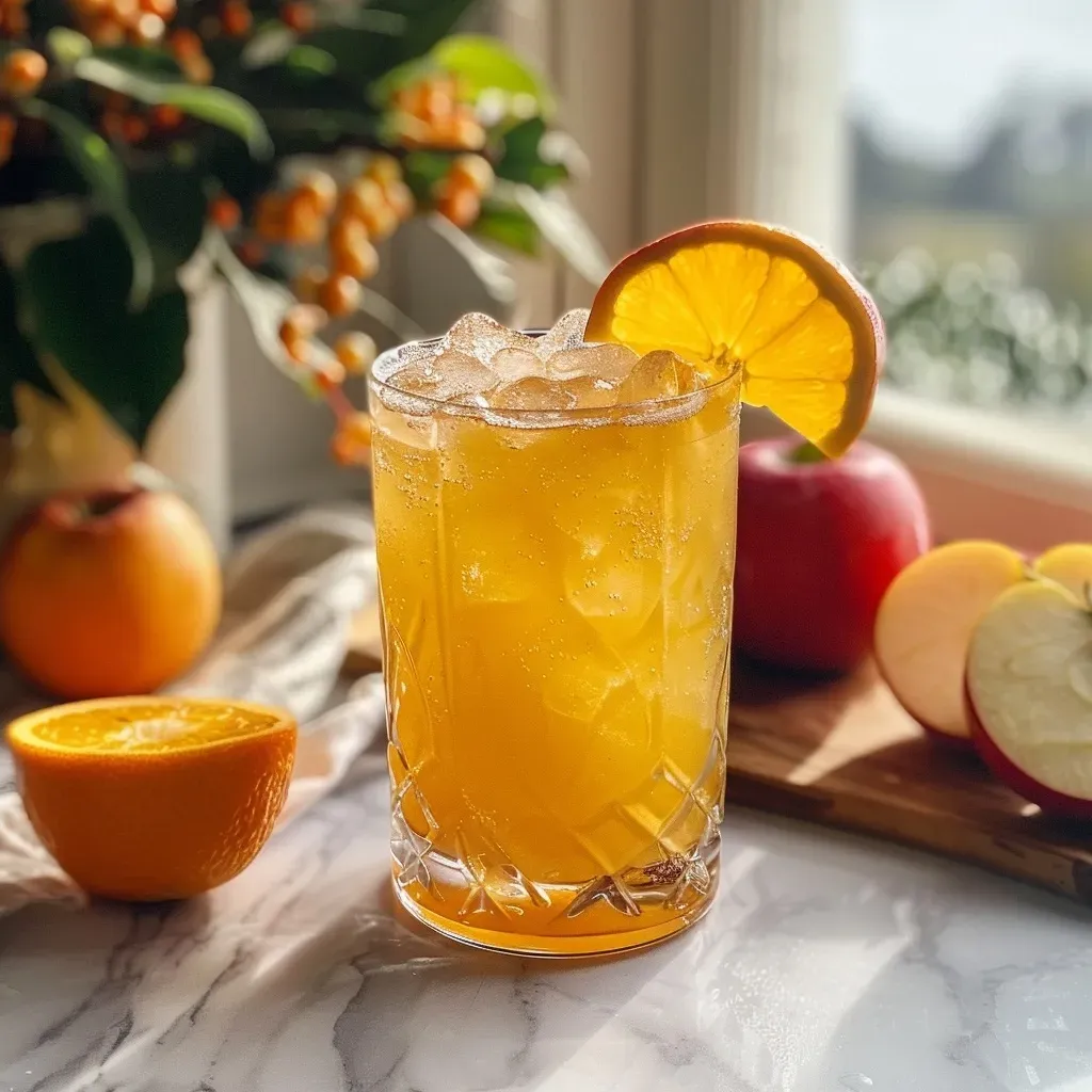 A close-up side view of a fizzy mocktail with apple slices and ice.