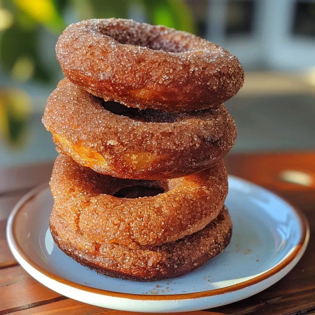 ['Close-up view of healthy apple cider protein donuts with a golden-brown glaze.', 'Side view of moist apple cider donuts topped with a light sprinkle of cinnamon.', 'Delicious-looking protein donuts made with apple cider, showing a soft texture.', 'Juicy apple cider donuts, showcasing their round shape and healthy ingredients.']