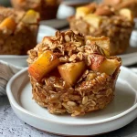['Close-up view of apple cinnamon baked oatmeal cups, showcasing their texture and color.', 'Side view of delicious baked oatmeal cups with visible apple chunks and a cinnamon topping.', 'Juicy, golden-brown apple cinnamon baked oatmeal cups arranged on a plate.', 'Freshly baked oatmeal cups filled with apple and cinnamon, highlighting their moist interior.']