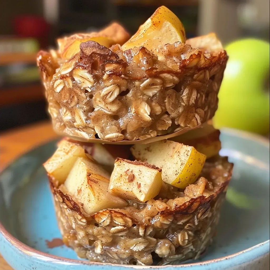 ['Close-up view of apple cinnamon baked oatmeal cups, showcasing their texture and color.', 'Side view of delicious baked oatmeal cups with visible apple chunks and a cinnamon topping.', 'Juicy, golden-brown apple cinnamon baked oatmeal cups arranged on a plate.', 'Freshly baked oatmeal cups filled with apple and cinnamon, highlighting their moist interior.']
