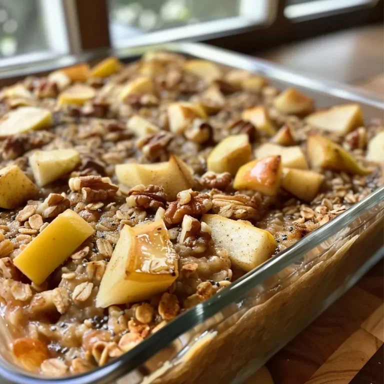 ['Close-up view of Apple Cinnamon Baked Oatmeal with a golden-brown top, sprinkled with walnuts and apple slices.', 'Side view of a warm serving of baked oatmeal featuring shredded apples and a hint of cinnamon.', 'Detailed shot of a bowl of baked oatmeal, highlighting the texture and ingredients like apples and walnuts.', 'Appetizing image of Apple Cinnamon Baked Oatmeal, showcasing a moist interior and crusty top with cinnamon flecks.']