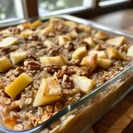 ['Close-up side view of a bowl of Apple Cinnamon Baked Oatmeal with diced apples on top.', 'A serving of Apple Cinnamon Baked Oatmeal featuring sliced apples, nuts, and a warm, golden color.', 'Deliciously baked oatmeal with apple slices and a sprinkle of cinnamon in a cozy kitchen setting.', 'A vibrant bowl of oatmeal topped with fresh diced apples and walnuts, highlighting its textures.']