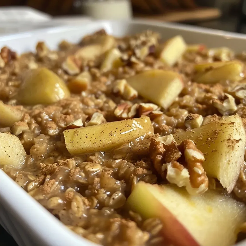 ['Close-up view of Apple Cinnamon Baked Oatmeal with a golden-brown top, sprinkled with walnuts and apple slices.', 'Side view of a warm serving of baked oatmeal featuring shredded apples and a hint of cinnamon.', 'Detailed shot of a bowl of baked oatmeal, highlighting the texture and ingredients like apples and walnuts.', 'Appetizing image of Apple Cinnamon Baked Oatmeal, showcasing a moist interior and crusty top with cinnamon flecks.']