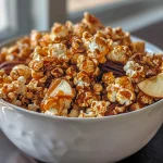 ['Close-up image of caramel popcorn mixed with apple slices and nuts.', 'Side view of apple cinnamon caramel popcorn arranged in a bowl.', 'Delicious caramel-coated popcorn with chunks of freeze-dried apples.', 'Tasty apple cinnamon caramel popcorn showcasing a golden caramel glaze.']