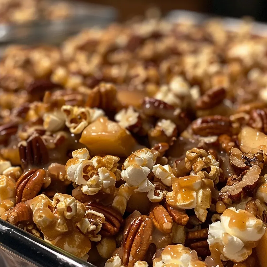 ['Close-up image of caramel popcorn mixed with apple slices and nuts.', 'Side view of apple cinnamon caramel popcorn arranged in a bowl.', 'Delicious caramel-coated popcorn with chunks of freeze-dried apples.', 'Tasty apple cinnamon caramel popcorn showcasing a golden caramel glaze.']