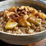 ['Close-up view of a creamy bowl of Apple Cinnamon Oatmeal topped with chopped pecans.', 'A side view of Apple Cinnamon Oatmeal garnished with extra maple syrup and diced apples.', 'A delicious serving of Apple Cinnamon Oatmeal featuring warm spices and fresh apple pieces.', 'Textured close-up of Apple Cinnamon Oatmeal highlighting its rich, creamy consistency.']