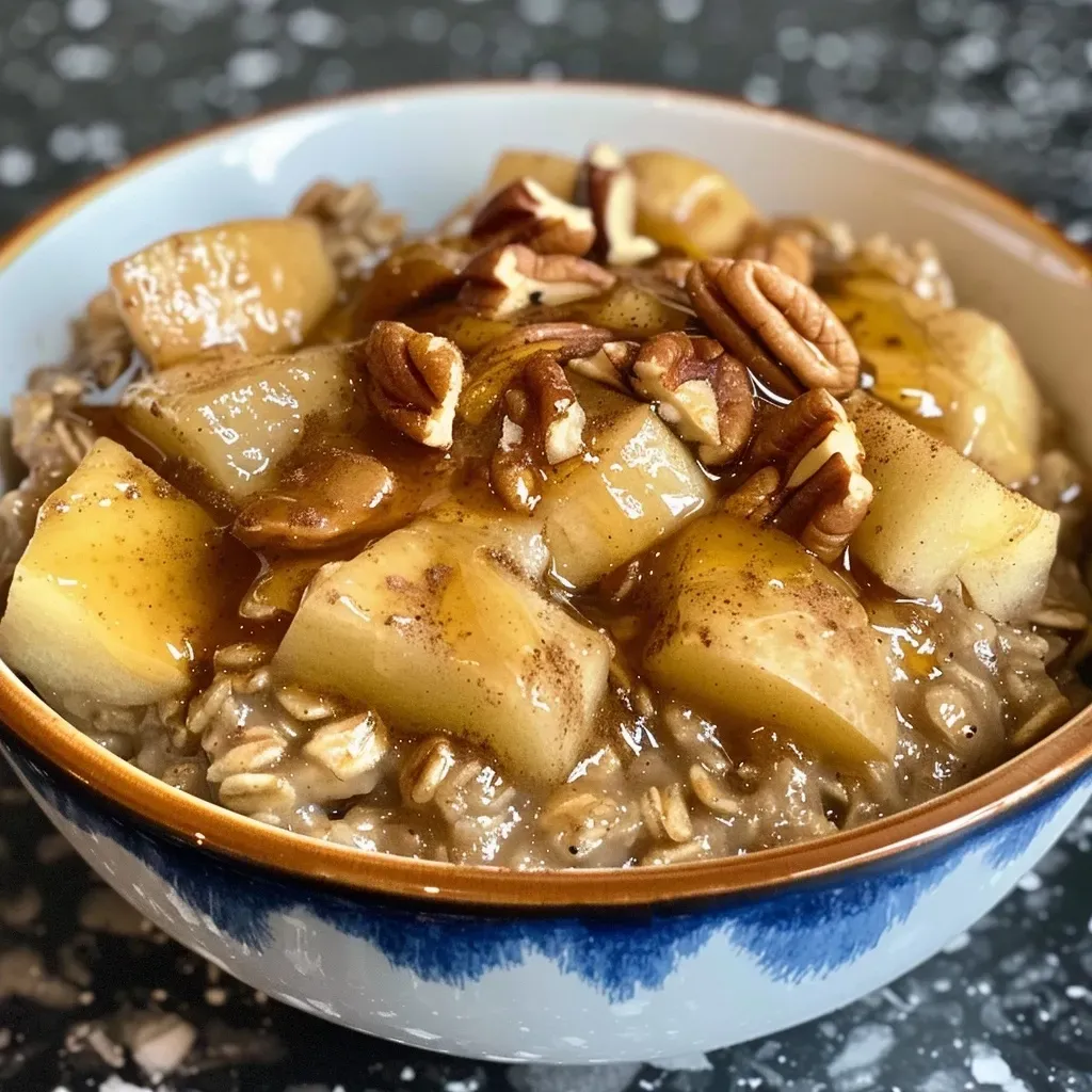 ['Close-up view of a creamy bowl of Apple Cinnamon Oatmeal topped with chopped pecans.', 'A side view of Apple Cinnamon Oatmeal garnished with extra maple syrup and diced apples.', 'A delicious serving of Apple Cinnamon Oatmeal featuring warm spices and fresh apple pieces.', 'Textured close-up of Apple Cinnamon Oatmeal highlighting its rich, creamy consistency.']