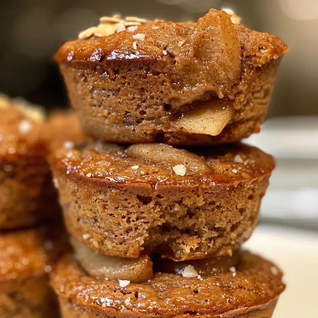 ['A close-up side view of apple cinnamon protein muffins with a golden brown crust and visible apple pieces.', 'Juicy apple cinnamon protein muffins displayed in a side view, highlighting their fluffy texture and sprinkled oats.', 'A detailed side view of several baked apple cinnamon protein muffins, showcasing their moist interiors and cinnamon dusting.', 'Side view close-up of protein-packed apple cinnamon muffins, featuring chunks of apple and a light sheen on the surface.']