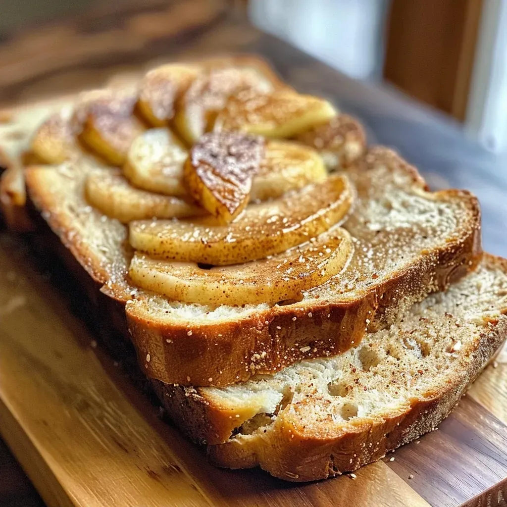 ['Close-up of a freshly baked apple cinnamon sourdough loaf with a golden crust.', 'Side view of a juicy apple cinnamon sourdough bread displaying its rustic texture.', 'Sliced apple cinnamon sourdough revealing tender crumb and apple chunks.', 'Delicious apple cinnamon sourdough on a wooden surface, showcasing its crust and filling.']