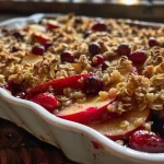 ['Close-up view of Apple Cranberry Crisp showcasing its golden crust and colorful fruit filling.', 'A side view of freshly baked Apple Cranberry Crisp, with visible apple slices and cranberries on top.', 'Detailed photo of Apple Cranberry Crisp highlighting the texture of the crumbly topping and juicy fruit beneath.', 'Side perspective of a delicious Apple Cranberry Crisp, emphasizing the golden brown topping and vibrant colors of the fruit.']