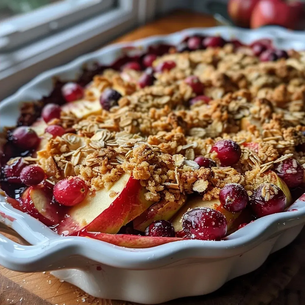 ['Close-up view of Apple Cranberry Crisp showcasing its golden crust and colorful fruit filling.', 'A side view of freshly baked Apple Cranberry Crisp, with visible apple slices and cranberries on top.', 'Detailed photo of Apple Cranberry Crisp highlighting the texture of the crumbly topping and juicy fruit beneath.', 'Side perspective of a delicious Apple Cranberry Crisp, emphasizing the golden brown topping and vibrant colors of the fruit.']