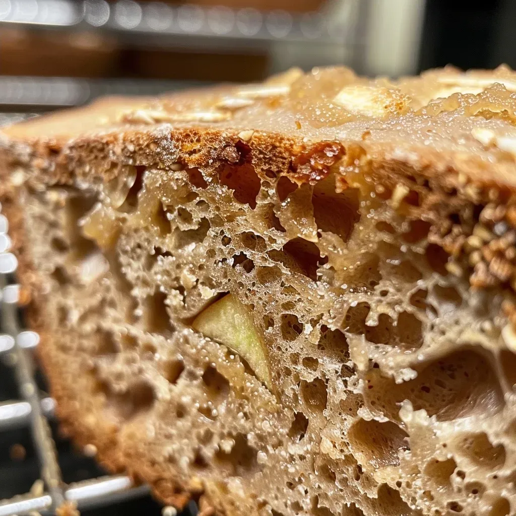 ['Close-up view of a slice of Apple Crisp Artisan Sourdough Bread, revealing its golden crust and apple pieces.', 'Side view of a loaf of Apple Crisp Artisan Sourdough Bread, showcasing its textured surface and artisanal quality.', 'Detailed shot of Apple Crisp Artisan Sourdough Bread, highlighting the crispy crust and visible apple bits.', 'An inviting slice of Apple Crisp Artisan Sourdough Bread, displaying its fluffy interior and rich color.']