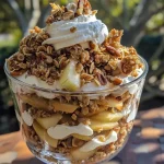 ['Close-up view of a layered Apple Crisp Trifle, showcasing apples and cream.', 'Side perspective of a delicious Apple Crisp Trifle with visible layers of oats and cream.', 'Detailed image of an Apple Crisp Trifle featuring oats, apples, and whipped cream layers.', 'Colorful Apple Crisp Trifle displayed in a glass, highlighting its creamy and fruity layers.']