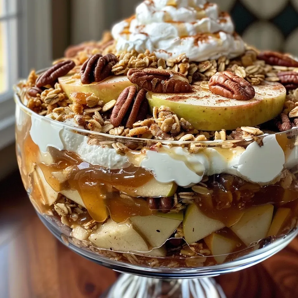 ['Close-up view of a layered Apple Crisp Trifle, showcasing apples and cream.', 'Side perspective of a delicious Apple Crisp Trifle with visible layers of oats and cream.', 'Detailed image of an Apple Crisp Trifle featuring oats, apples, and whipped cream layers.', 'Colorful Apple Crisp Trifle displayed in a glass, highlighting its creamy and fruity layers.']
