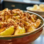 ['Close-up view of a fresh apple crumble highlighting golden-brown topping and juicy filling.', 'A side view of a delicious apple crumble with a crumbly topping and visible apple pieces.', 'Juicy apple crumble displayed in a dish, showcasing the crust and diced fruit.', 'Close-up of apple crumble, revealing its flaky top and rich apple filling layered underneath.']
