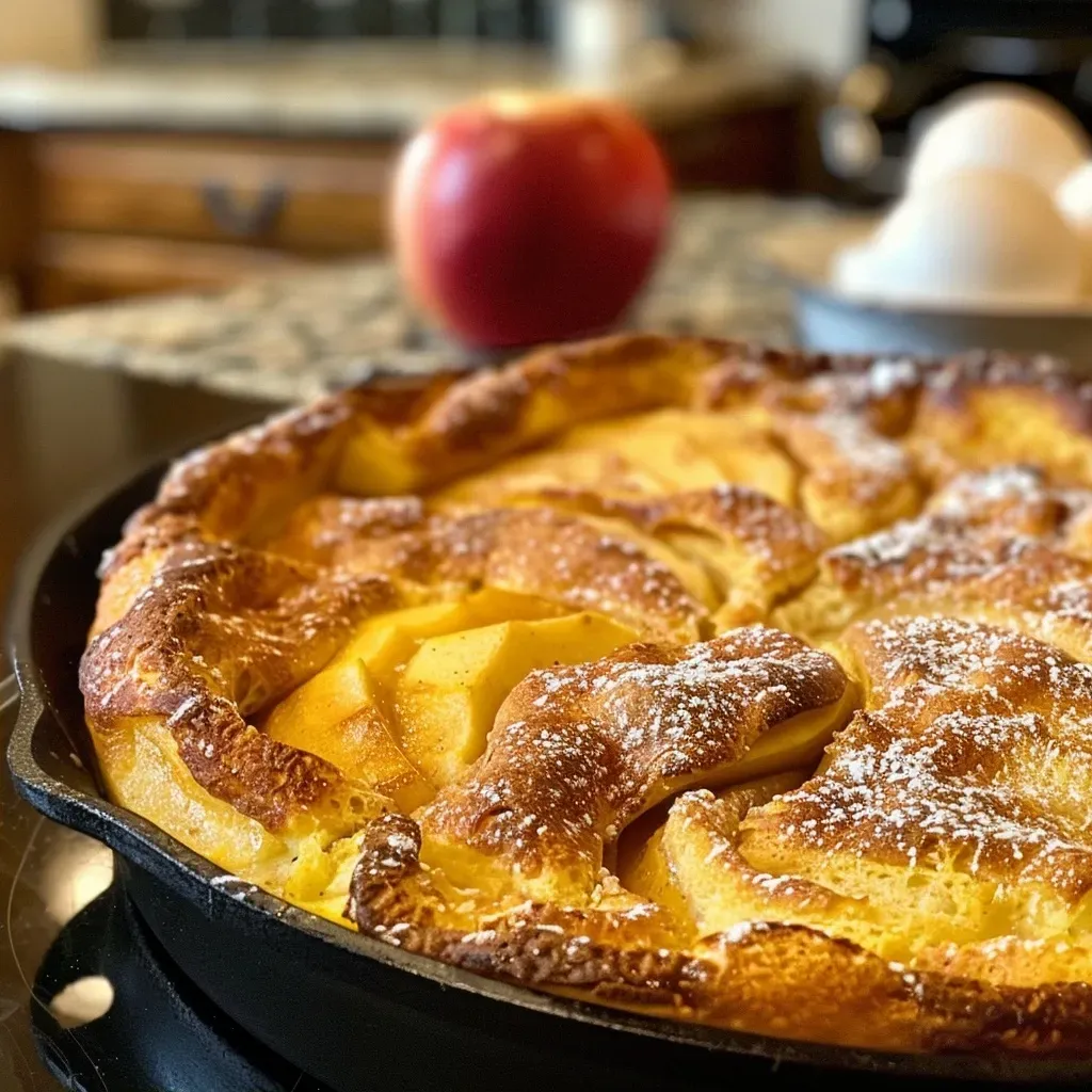 ['Close-up view of a golden-brown Apple Dutch Baby with sliced apples on top.', 'Side view of a fluffy Apple Dutch Baby, with caramelized apple slices and a dusting of cinnamon.', 'Juicy Apple Dutch Baby served in a cast-iron skillet, featuring thin apple slices and a lightly browned crust.', 'Deliciously baked Apple Dutch Baby with a golden crust and tender apple slices, perfect for brunch.']