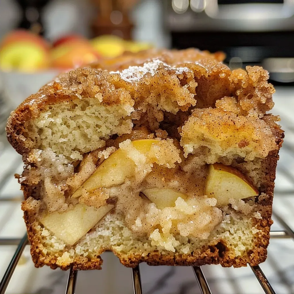 ['Close-up view of delicious Apple Fritter Bread, highlighting the texture and chopped apple pieces.', 'Side angle of freshly baked Apple Fritter Bread showcasing its golden crust and apple chunks.', 'Detailed image of moist Apple Fritter Bread with visible cinnamon and sugar toppings.', 'Homemade Apple Fritter Bread captured in a close-up, emphasizing its fluffy interior and sweet glaze.']